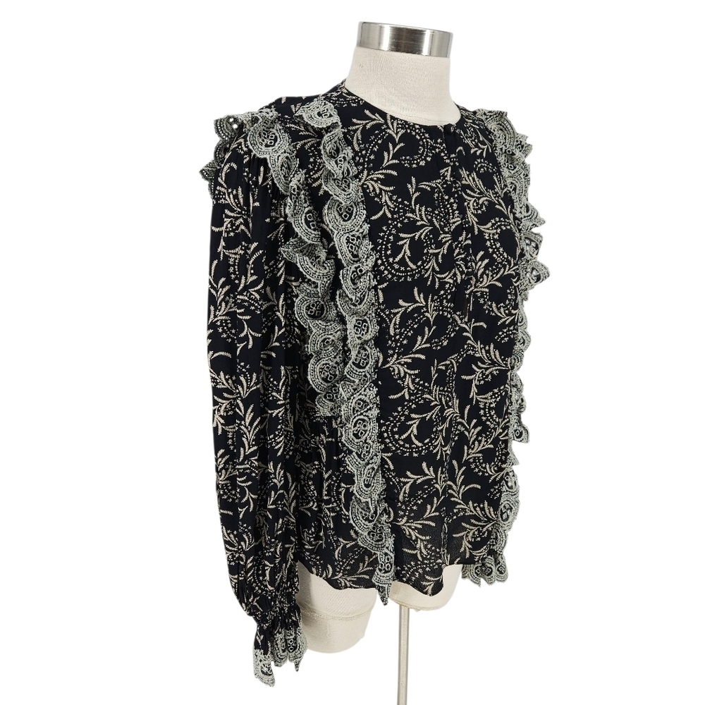 JOIE Blouse Black Floral Embroidered Ruffle Long Sleeve Button Front Shirt Small - Picture 2 of 8
